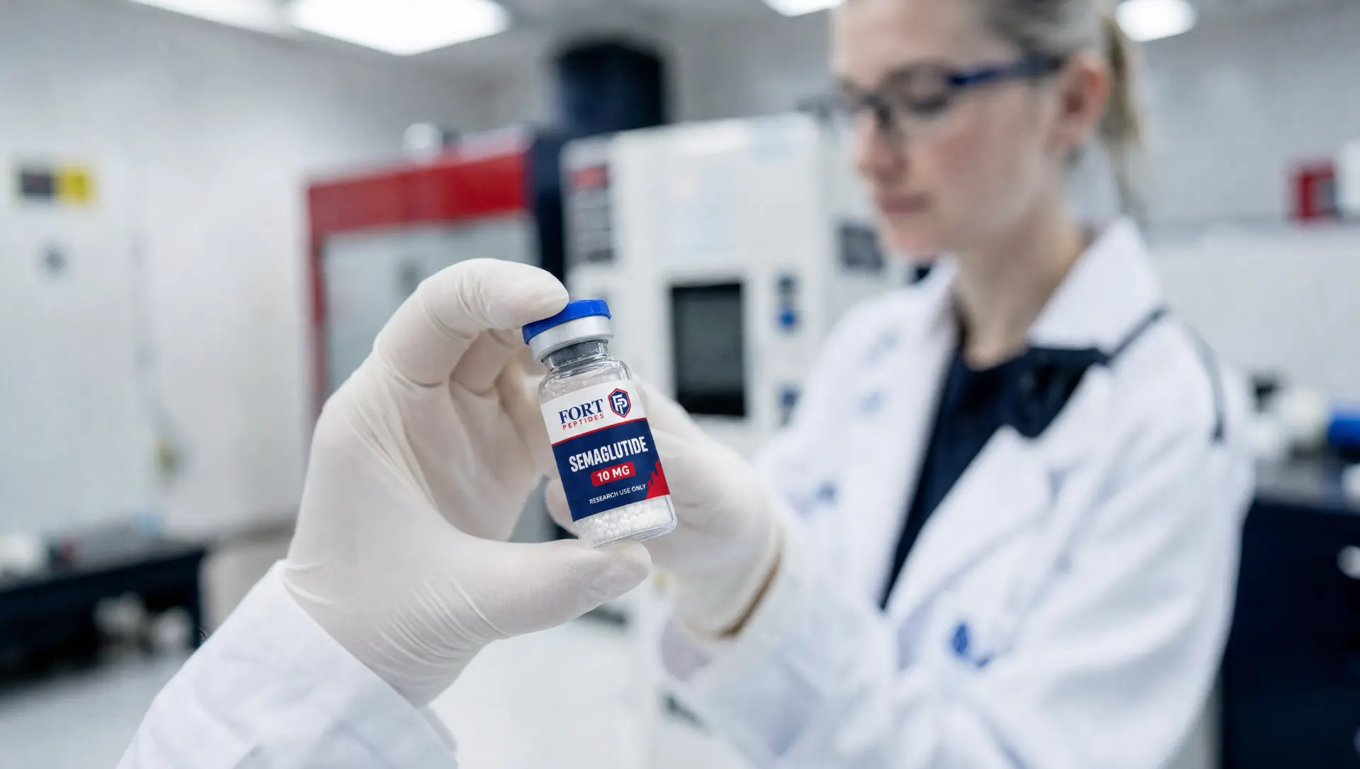 Researcher holding a Fort Peptides research vial in the lab