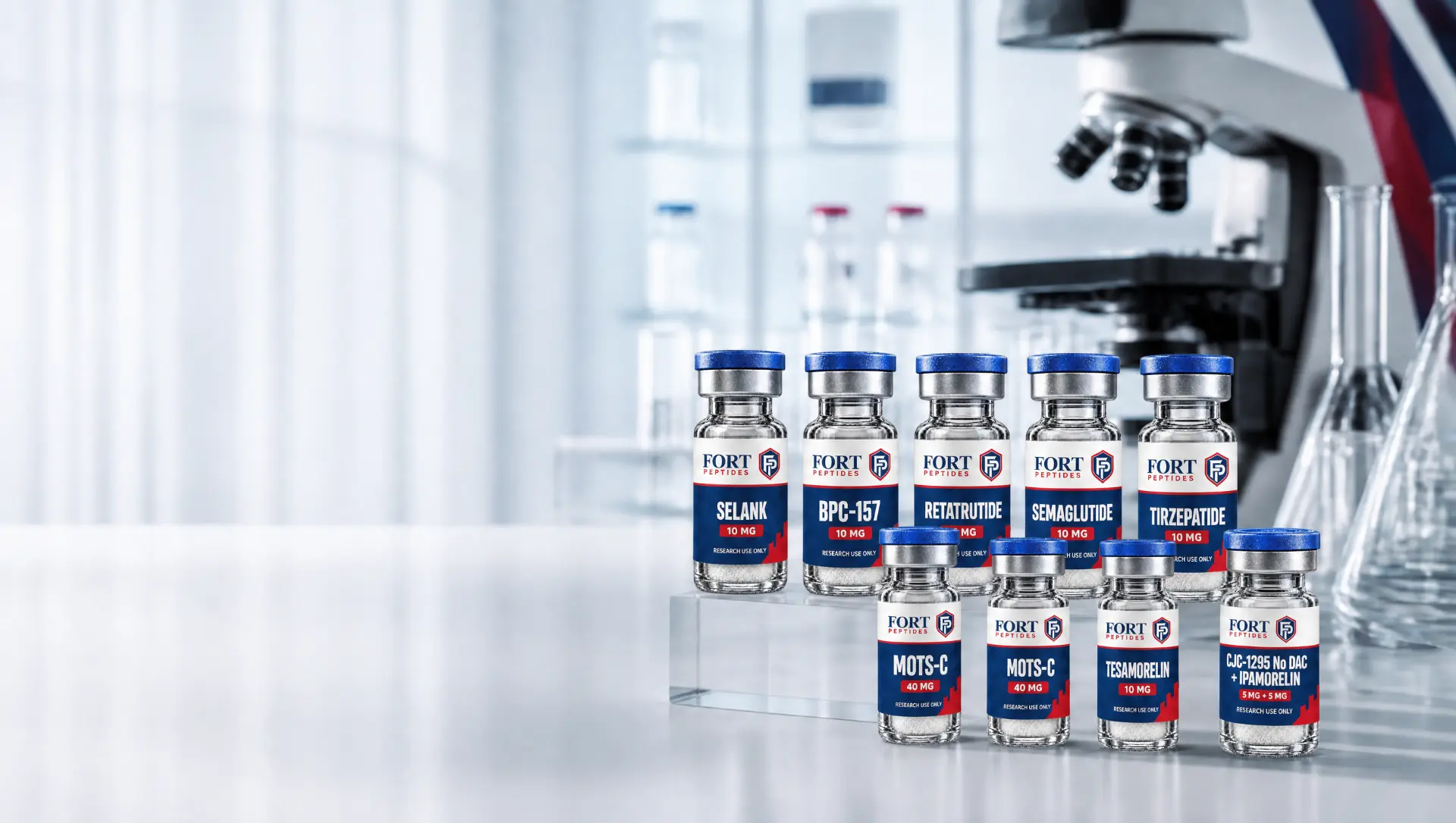 Fort Peptides research vials arranged on a laboratory bench